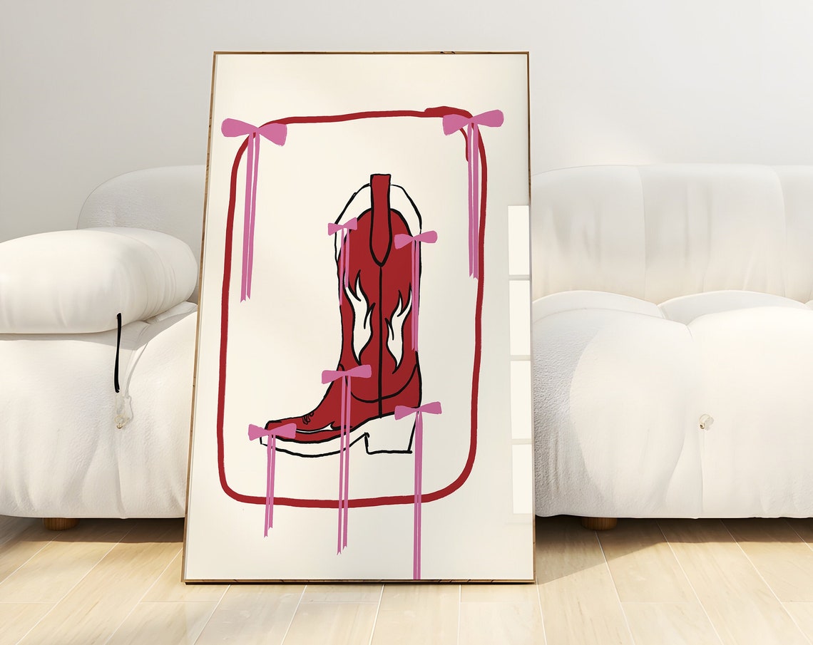 Pink Cowboy Boot with Ribbon Bows Coquette Western Style Poster - Image 3