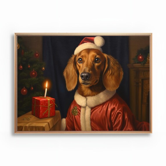 Long Haired Dachshund Santa Costume Christmas Portrait Poster