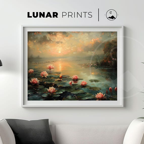 Spring Sunrise, Water Lily Vintage Lake Landscape