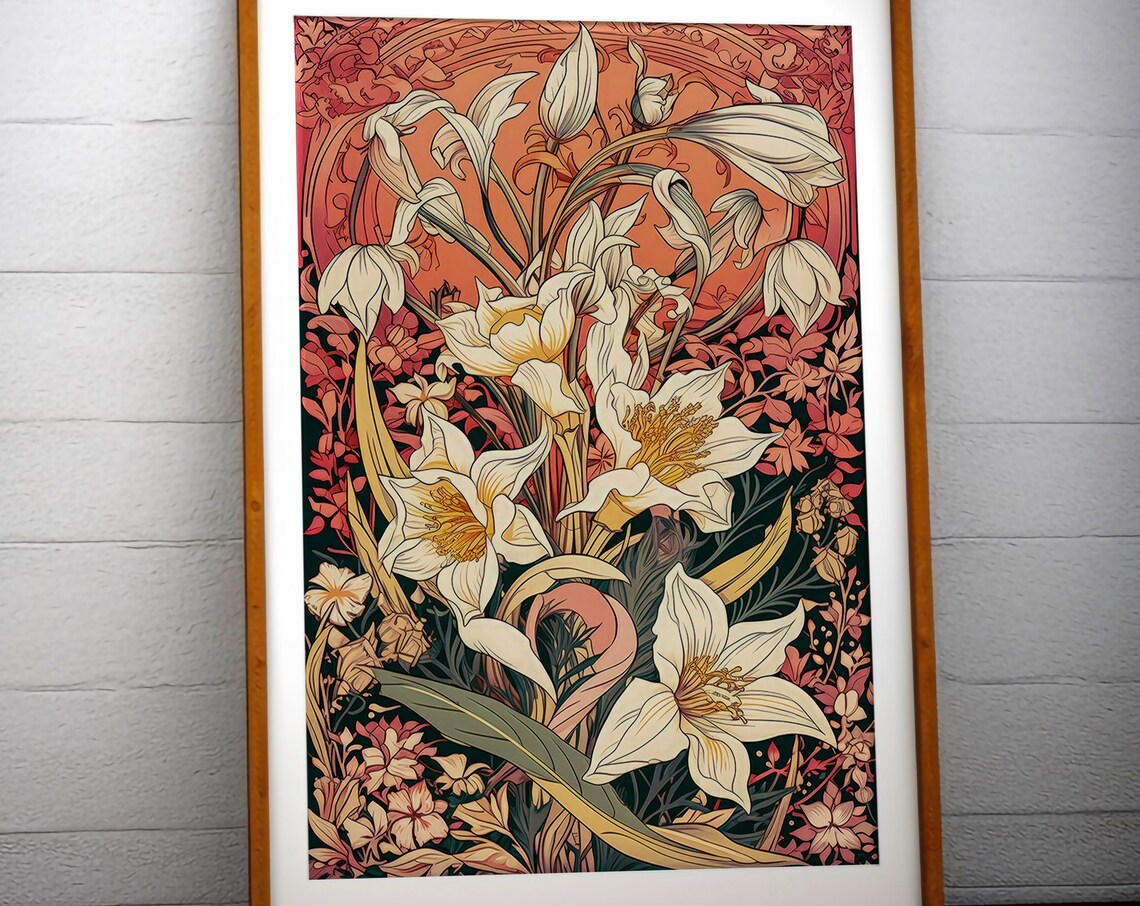 White Lilies Art Nouveau Floral Vintage Botanical Style Poster