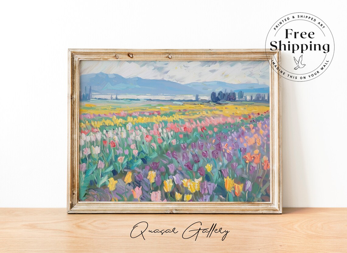 Tulip Field Landscape Oil Painting, Spring Decor