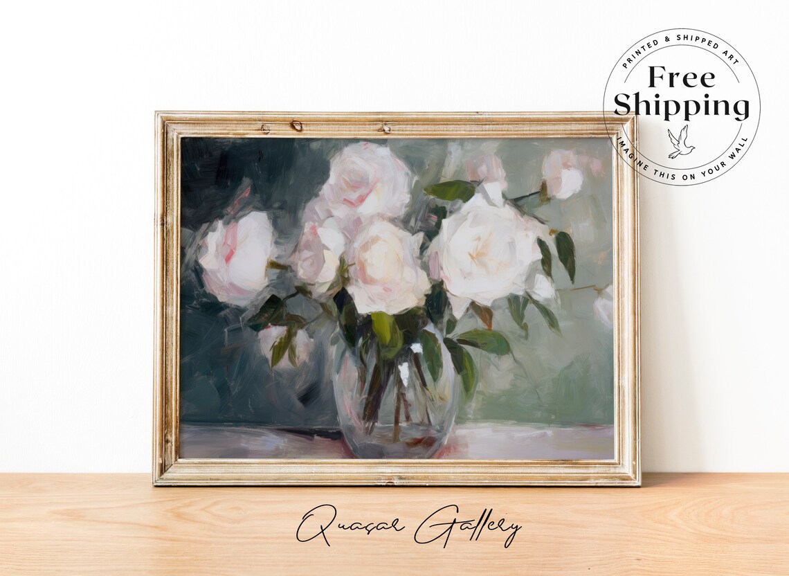 Floral Still Life Dining Room Art Rosein Vase Print Oil Painting Impressionist Flowers Feminine Art Shelf Wall Art Gallery Wall Art