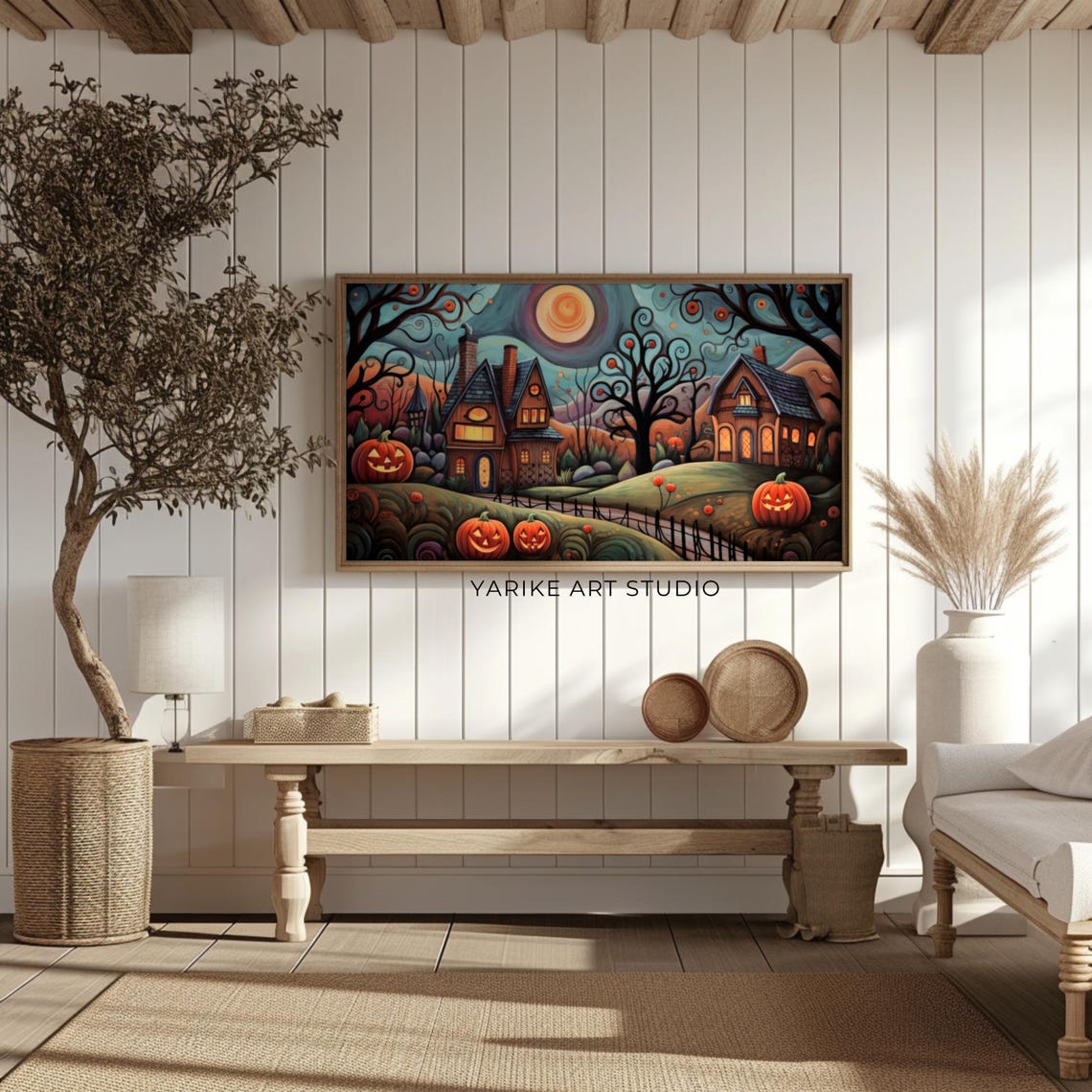 Halloween Village Jack O Lanterns Haunted Cottages Full Moon Poster - Image 2
