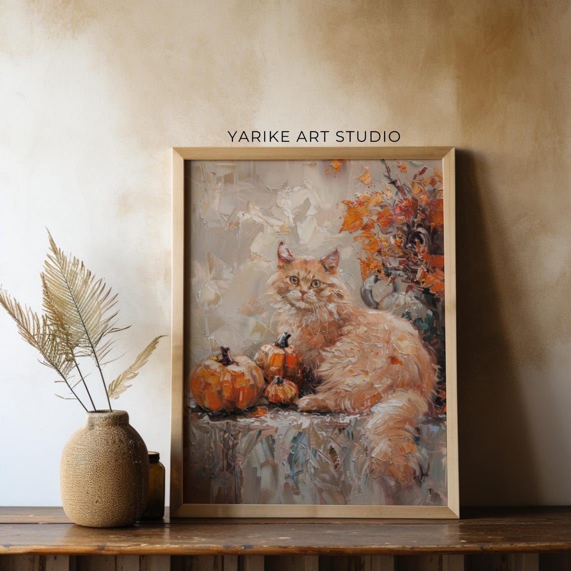 Ginger Cat With Pumpkins Autumn Leaves Warm Rustic Fall Poster - Image 3