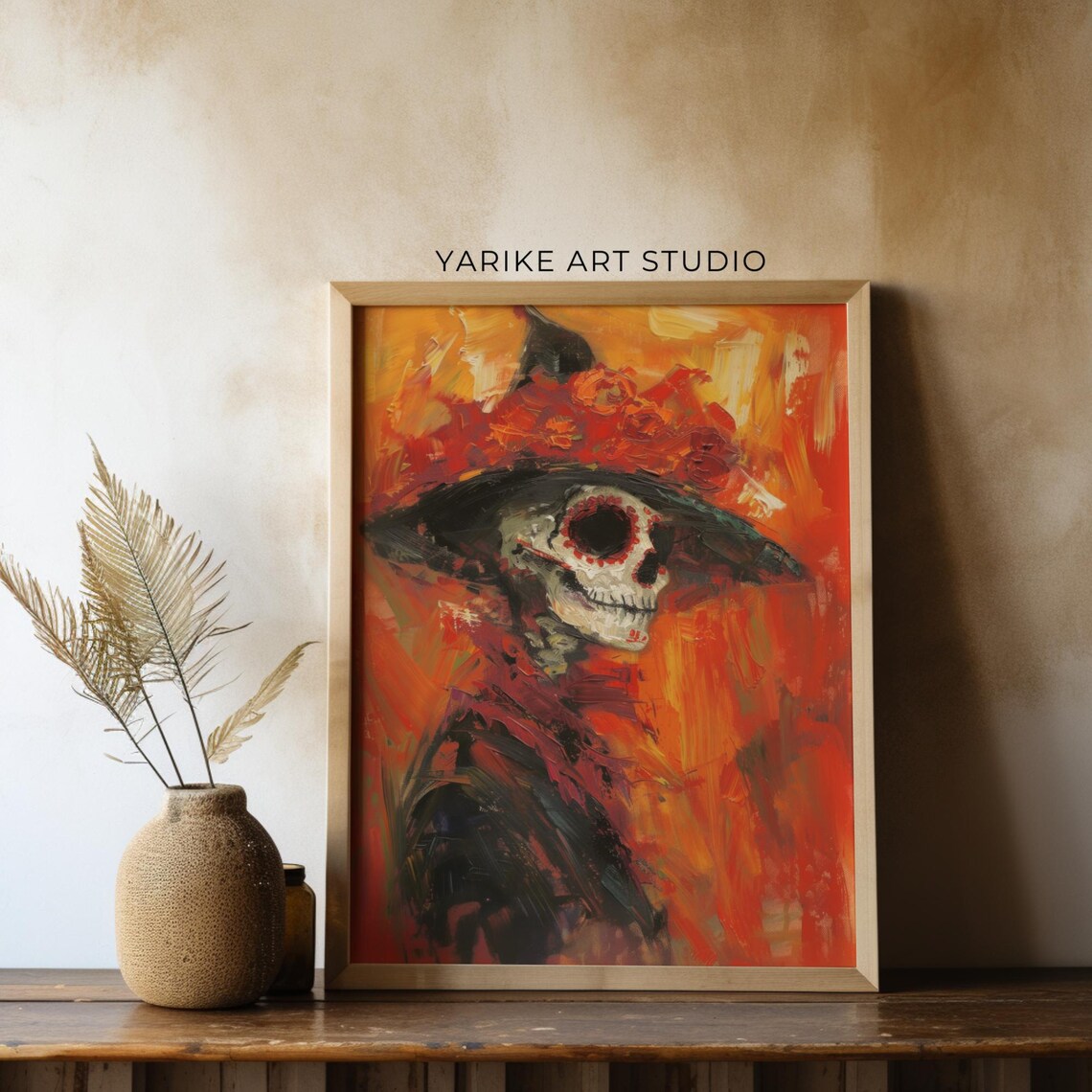Day of the Dead Skeleton Lady Flower Hat Orange Painting Poster - Image 3