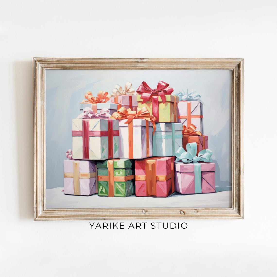 Colorful Stack of Christmas Gift Boxes with Bows Still Life Art Print