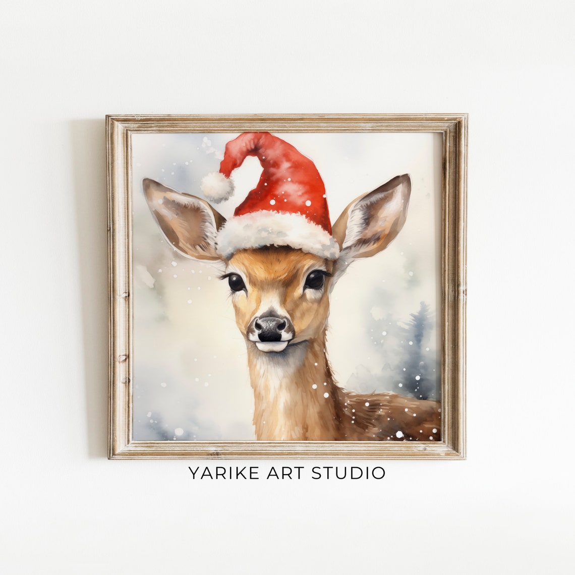 Baby Deer In Santa Hat Christmas Watercolor Cute Holiday Animal Print
