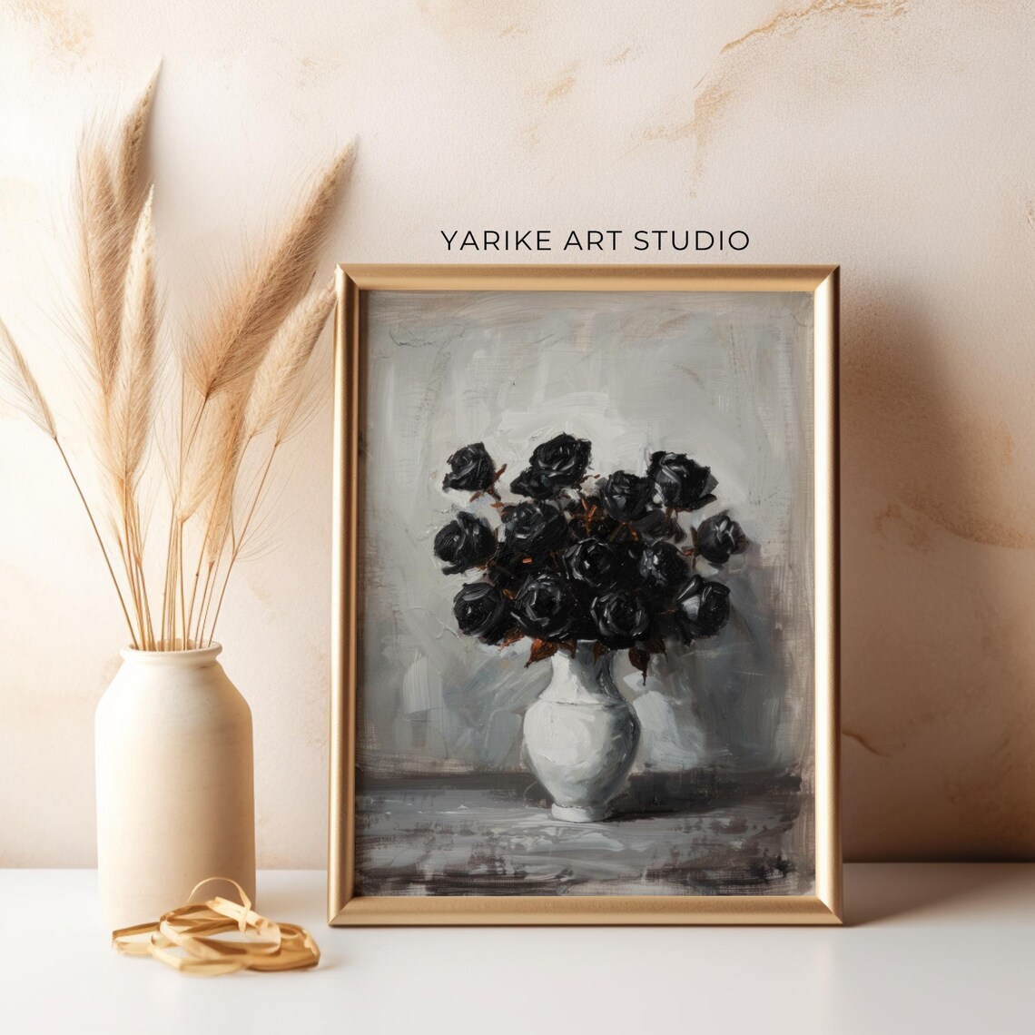 Black Roses White Vase Moody Floral Still Life Painting Poster - Image 5