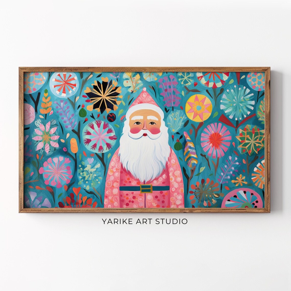 Folk Art Santa Claus Portrait Colorful Floral Christmas Poster