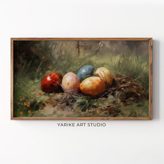 Rustic Easter Eggs Nestled in Green Grass Vintage Painting Poster