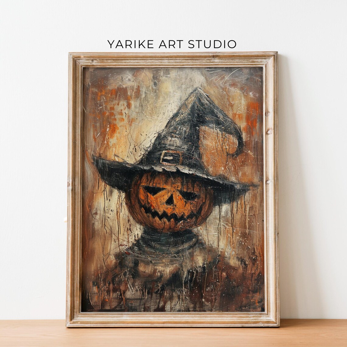 Scary Jack O Lantern Pumpkin Wearing Witch Hat Dark Halloween Art Print - Image 2