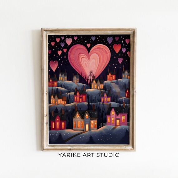 Snowy Christmas Wall Art Town City Winter Town City Art Moody Valentines Day Wall Art Love Folk Art Prints Yarike 336 Ai
