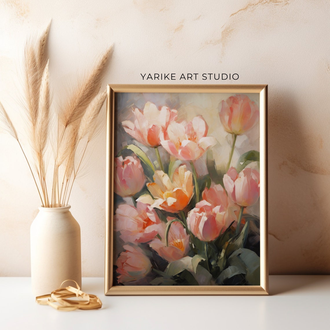 Blush Pink Tulips Bouquet Moody Impressionist Floral Art Poster - Image 2