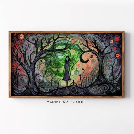 Girl in Swirling Mystical Forest Green Purple Fantasy Art Poster