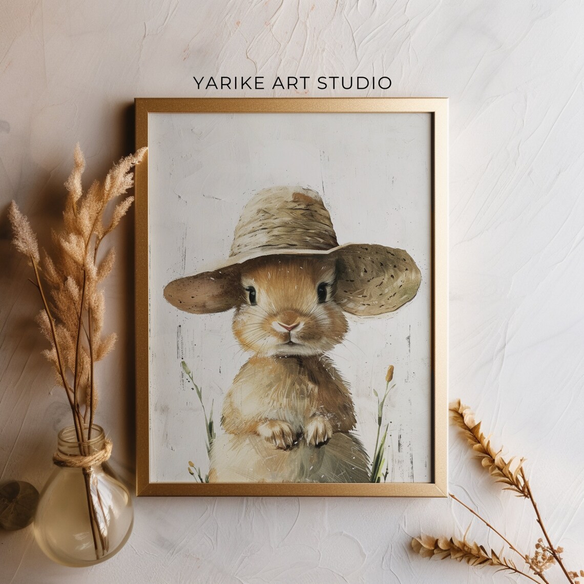 Adorable Bunny Wearing Straw Hat Cute Portrait Painting Poster - Image 4