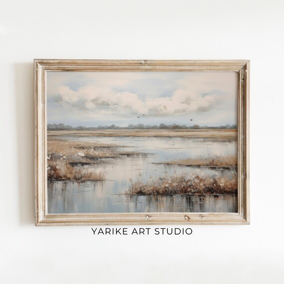 Muted Marsh Lake Reflections Cloudy Sky Muted Autumn Landscape Poster
