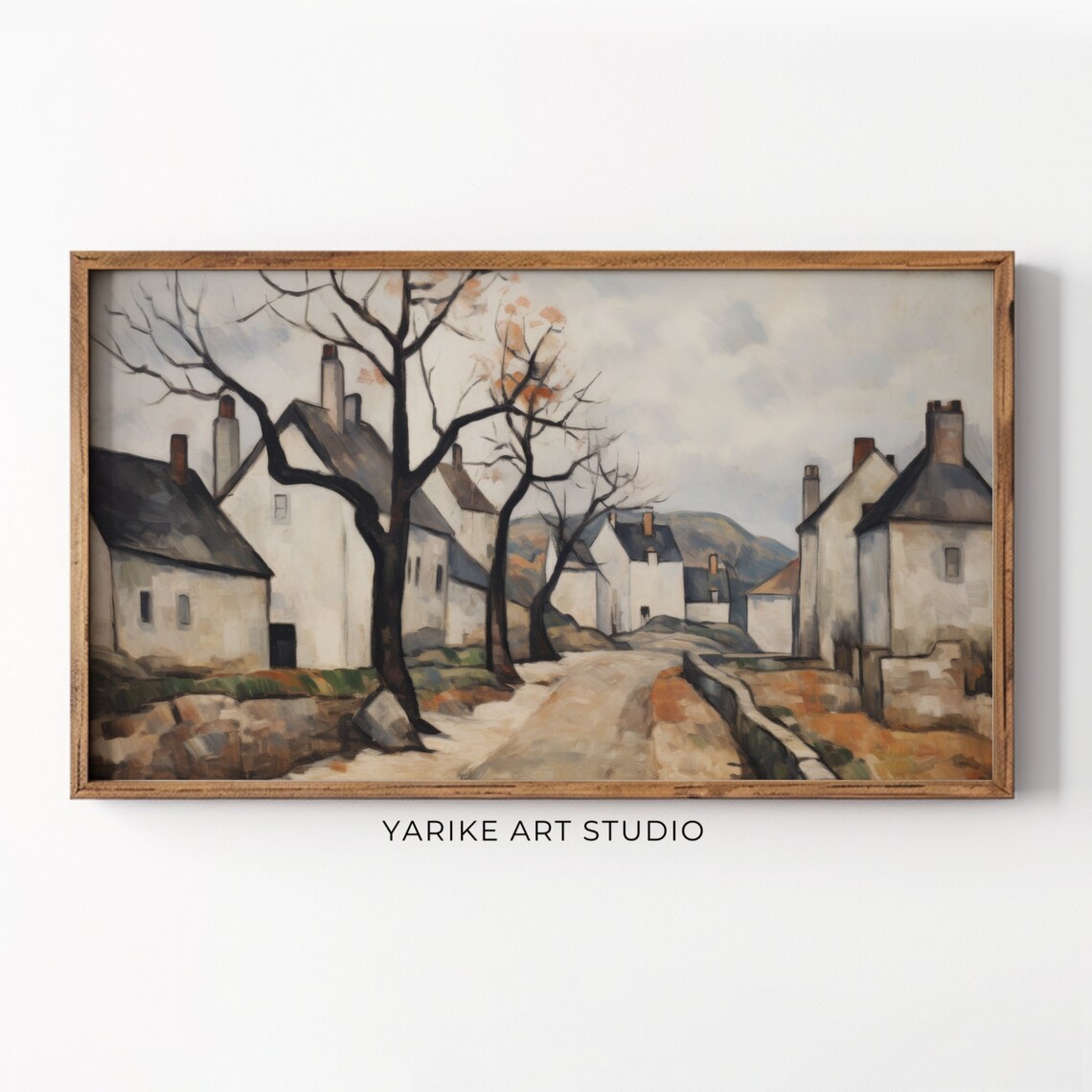 Old Village Street Autumn Cottages Nostalgic Painting Poster