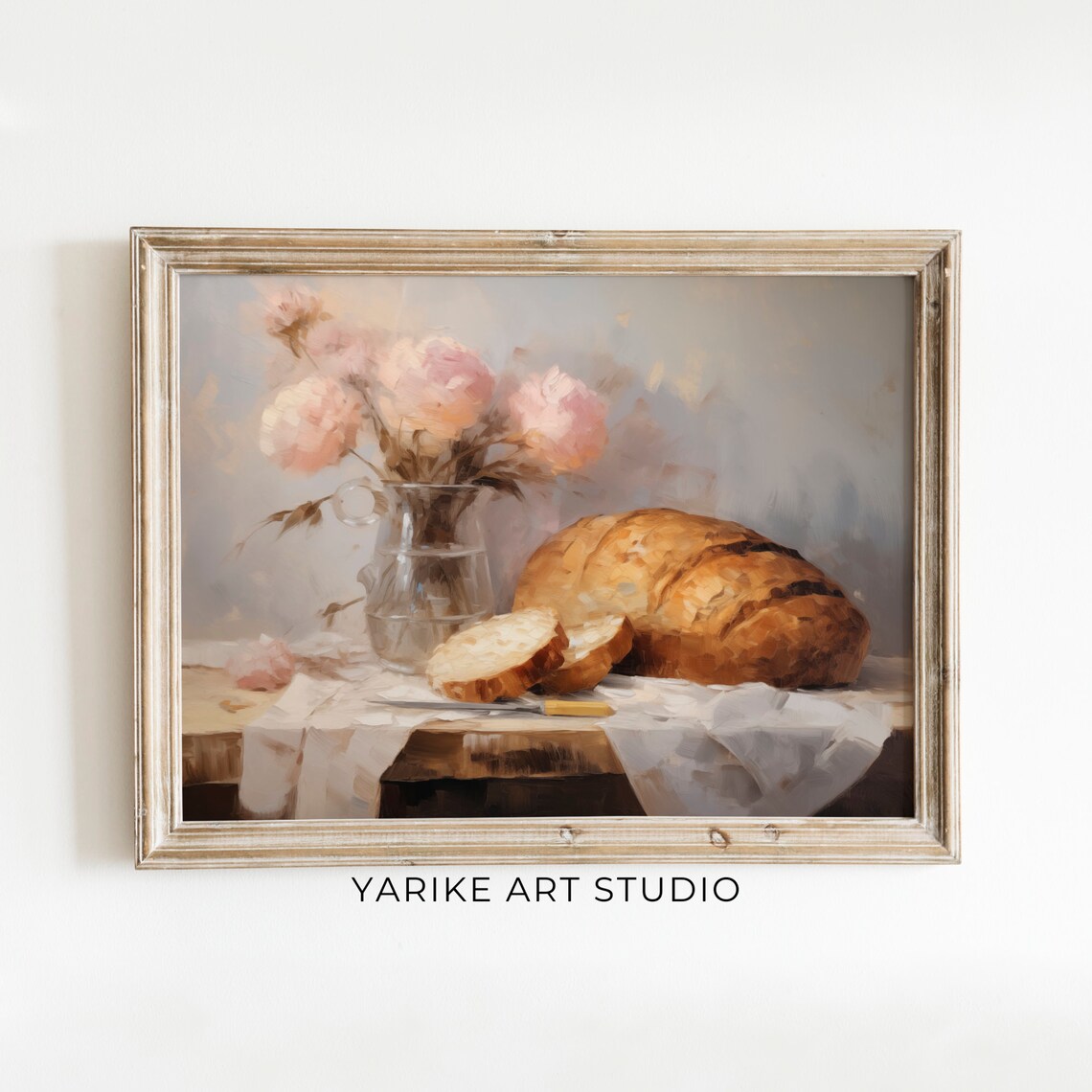 Vintage Rustic Bread And Pink Peonies Still Life Farmhouse Poster