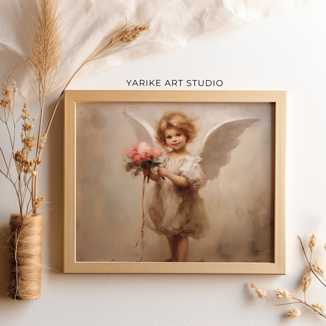 Sweet Cherub Angel with Pink Roses Bouquet Vintage Painting Poster - Image 3