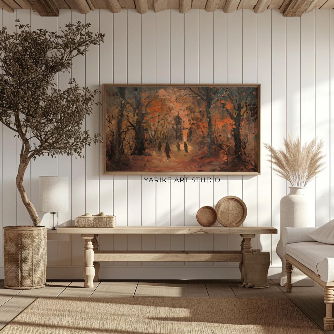 Ghostly Figures in Orange Autumn Woods Haunted Forest Art Poster - Image 2