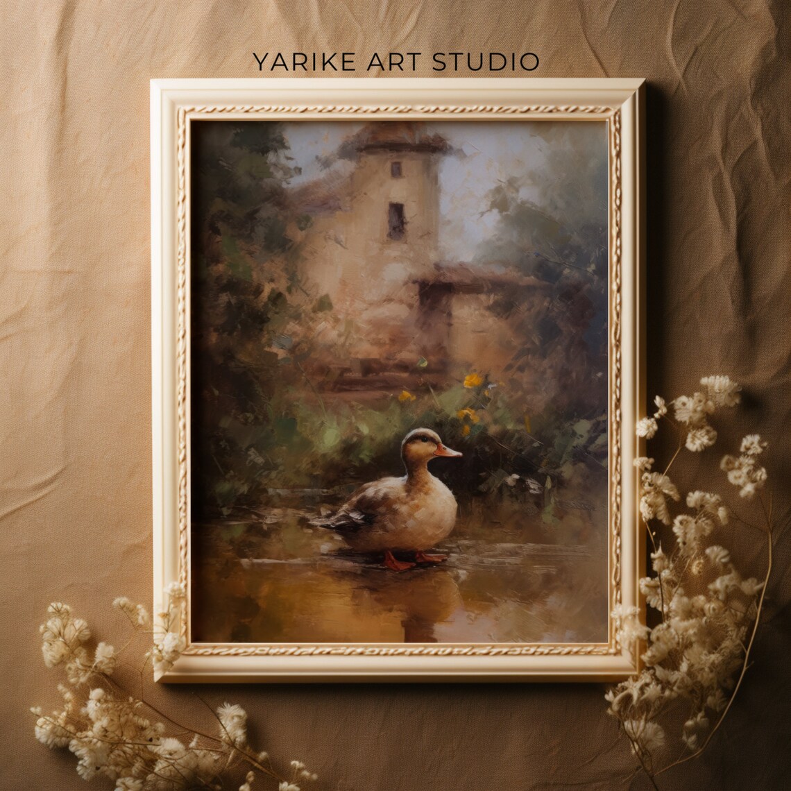 Vintage Duck Swimming with Old Stone Tower House Painting Poster - Image 3