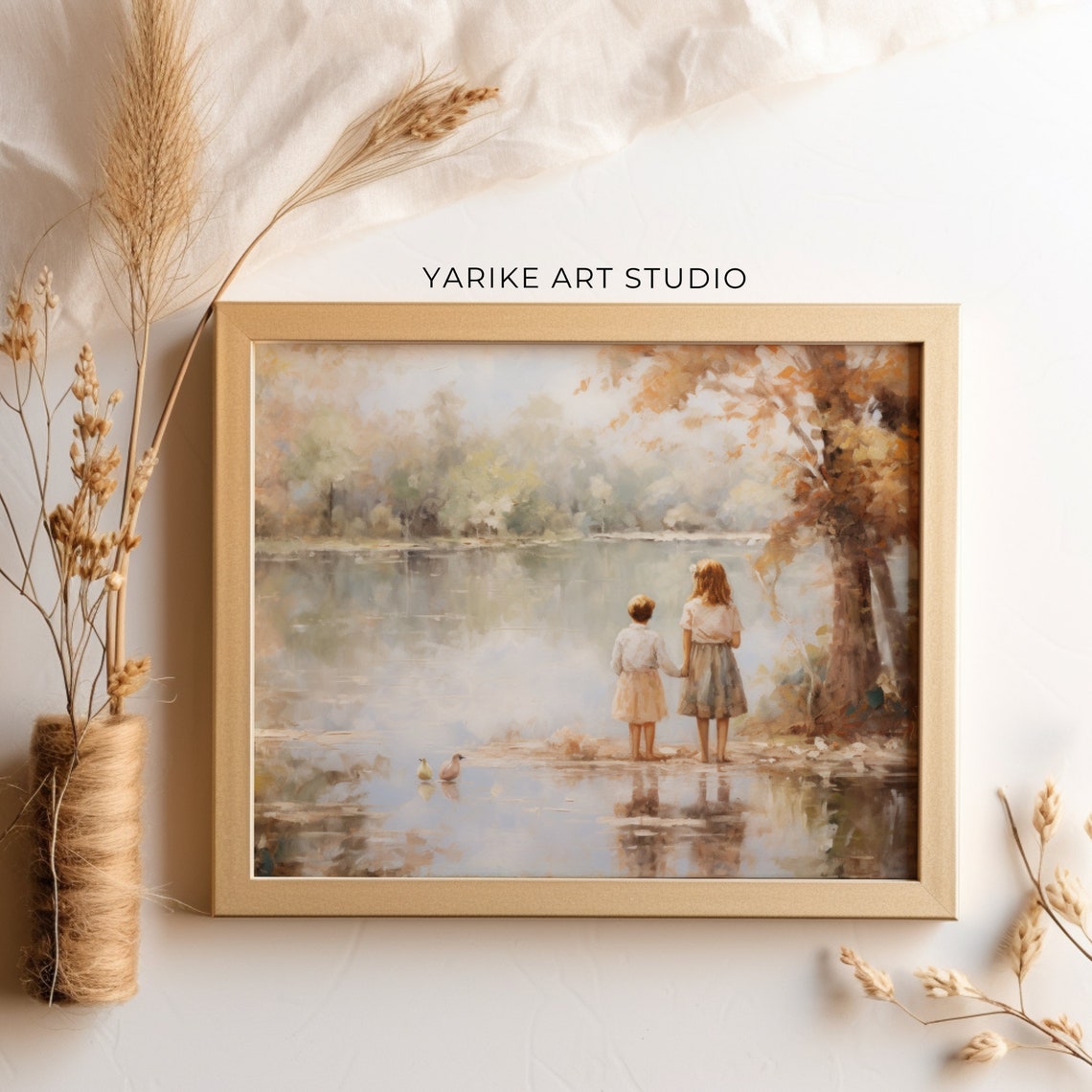 Two Children At Autumn Lakeside With Ducks Soft Nostalgic Poster - Image 5