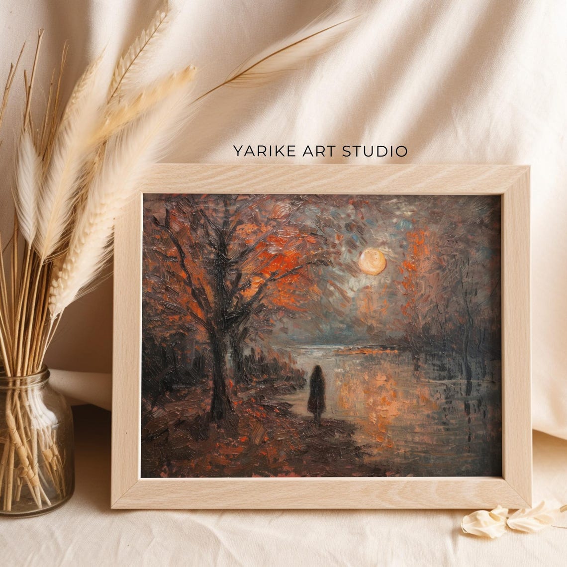 Moody Night Lake Moonlight Reflection Lone Figure Autumn Poster - Image 6
