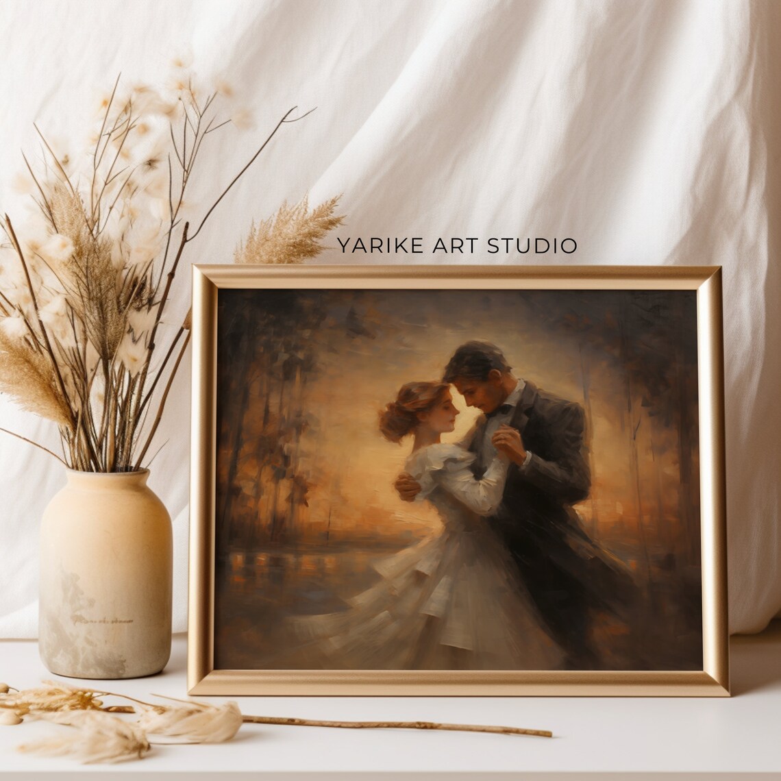 Couple Dancing at Golden Sunset Romantic Evening Painting Poster - Image 3