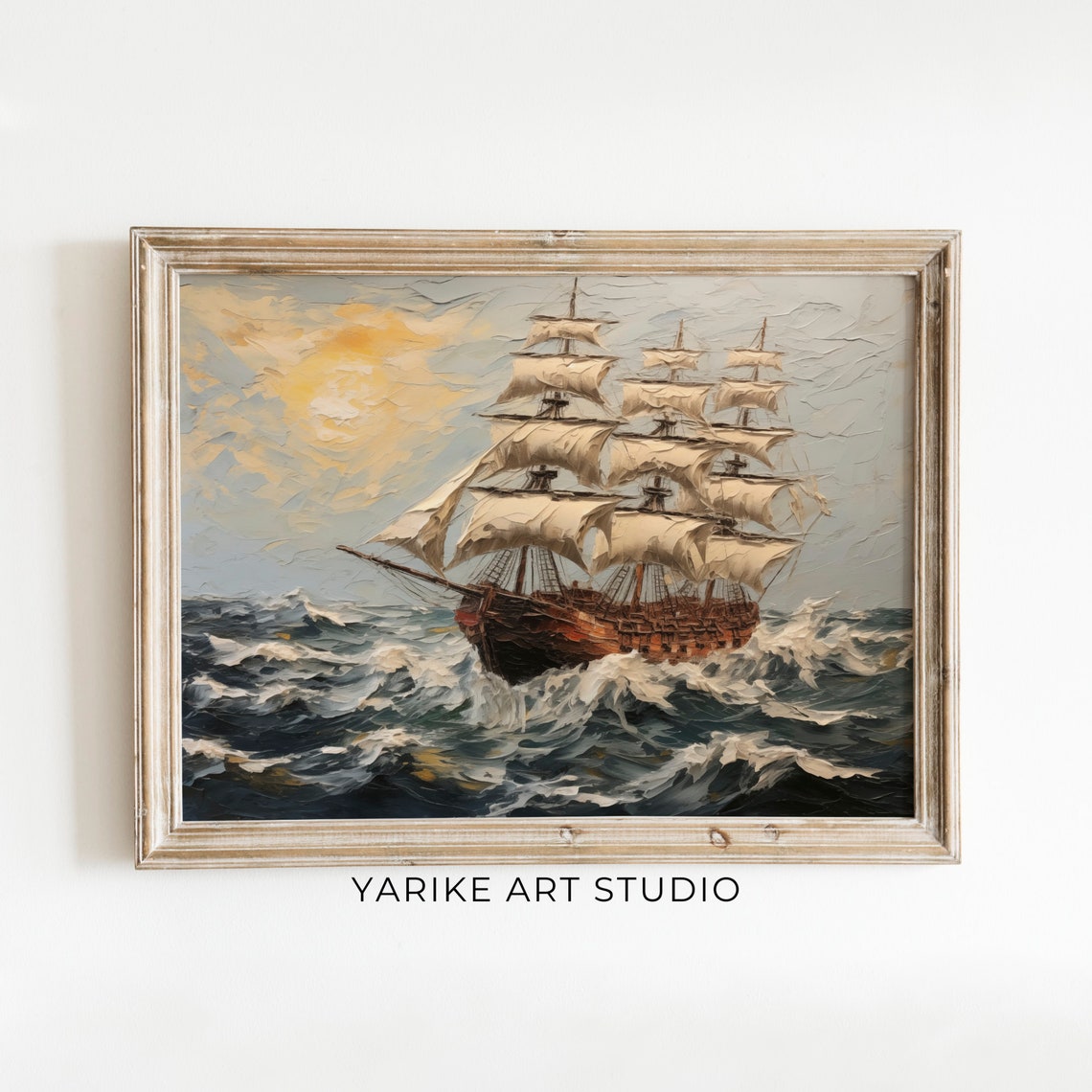 Tall Ship Sailing Storm Waves Golden Sun Nautical Wall Poster