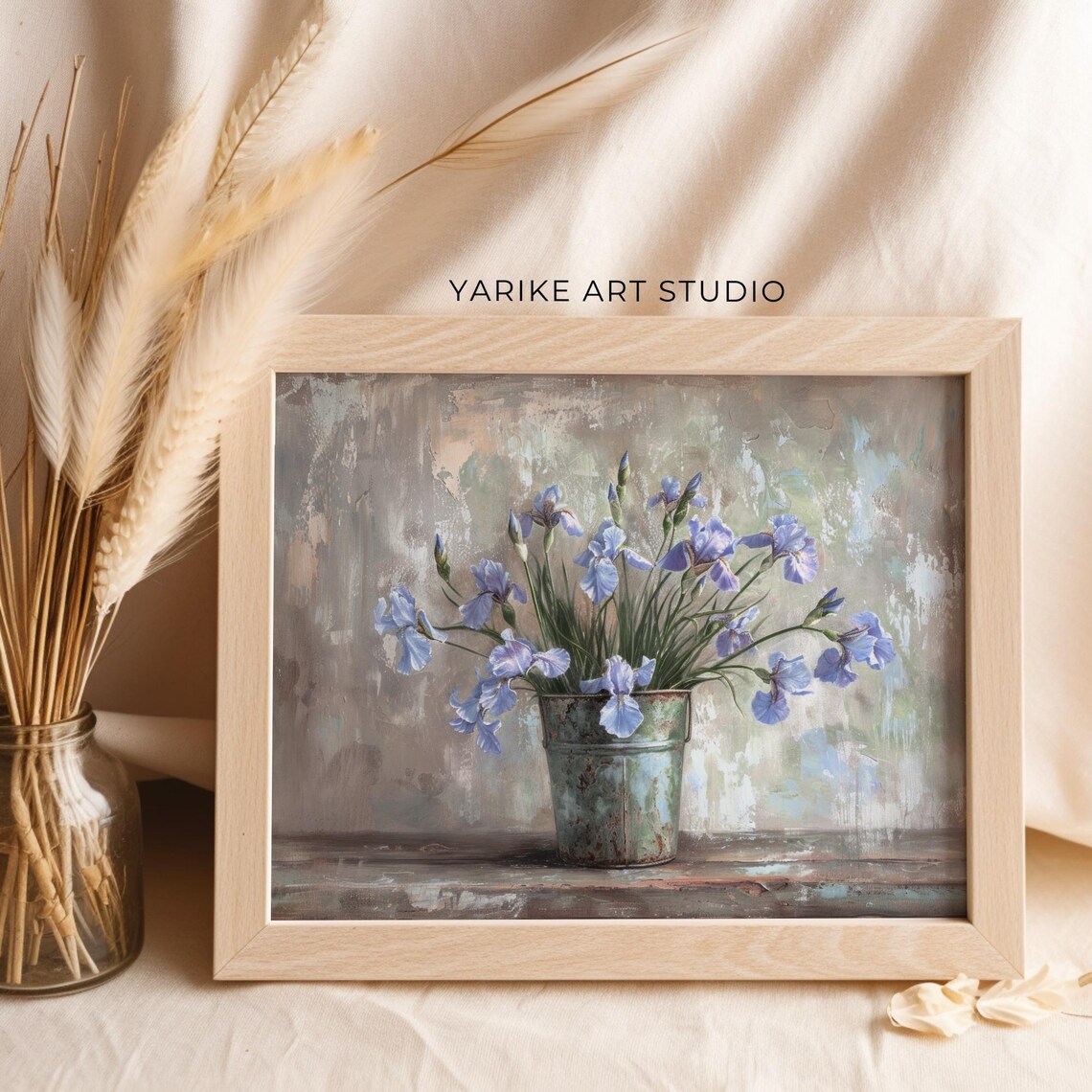 Blue Iris Flowers Tin Pail Soft Neutral Floral Still Life Poster - Image 6