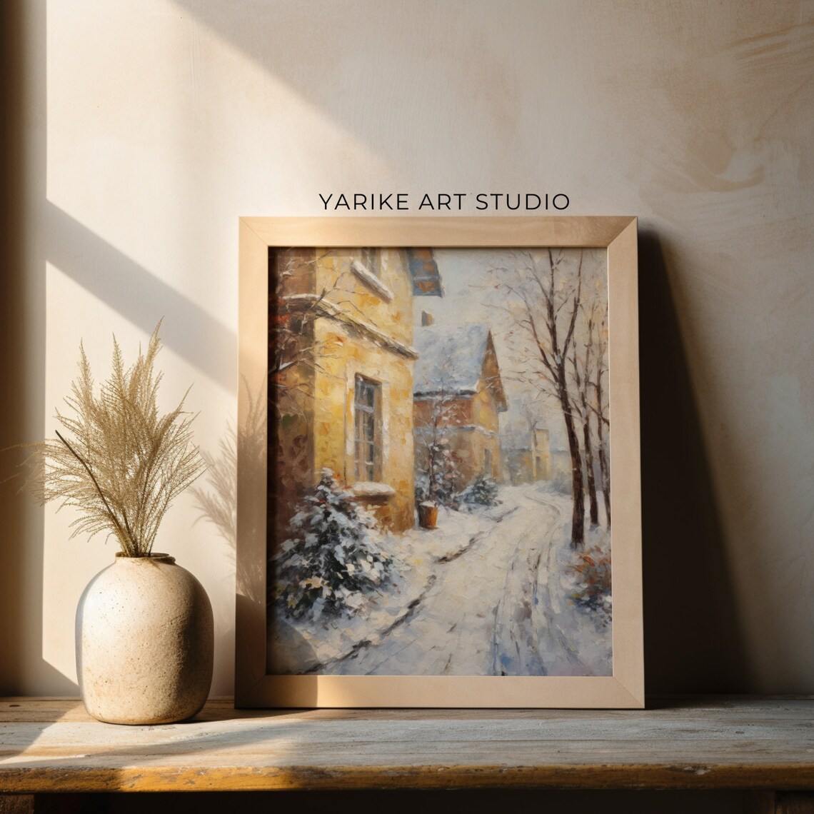 Vintage Snowy Village Street Winter Oil Painting Charming Poster - Image 2