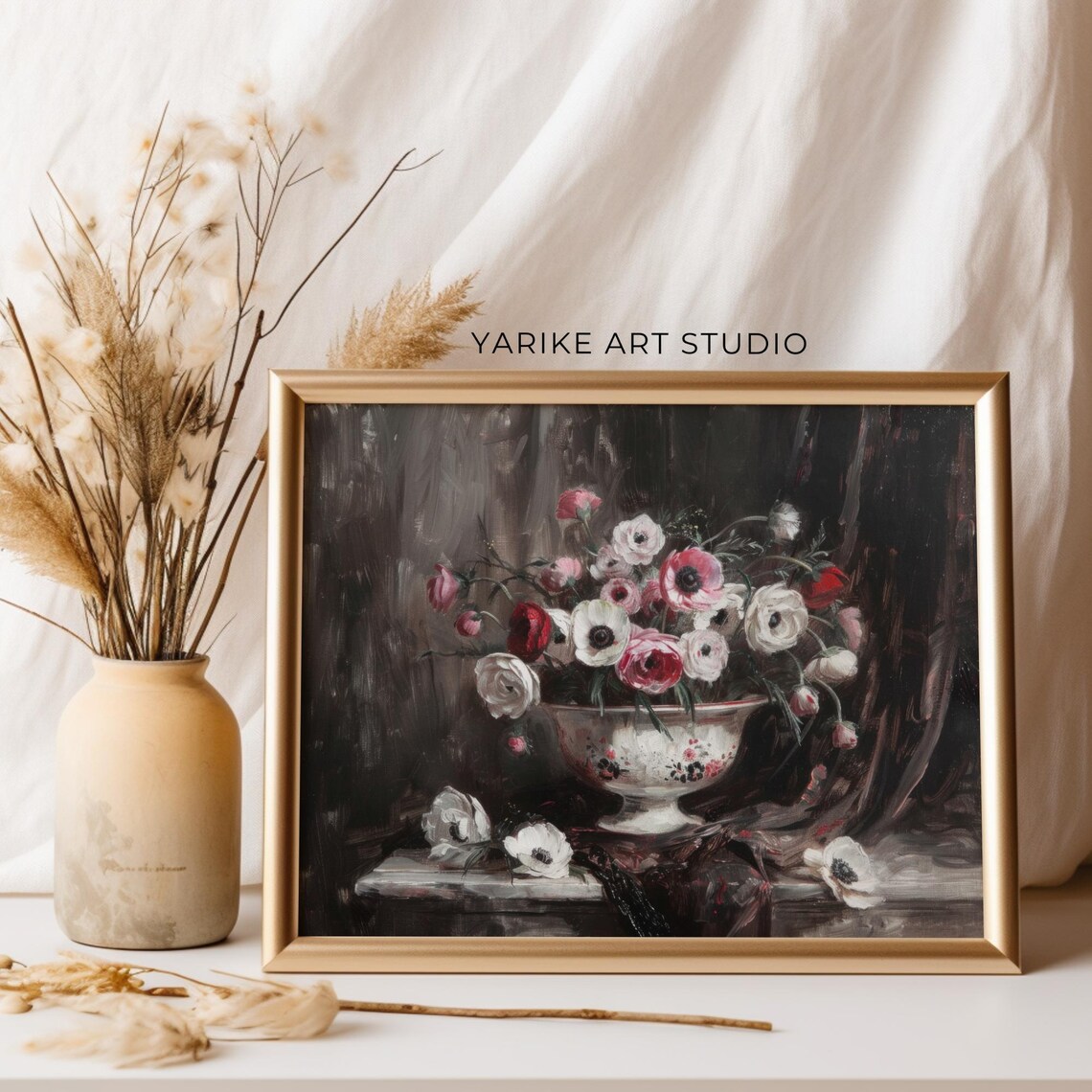 Pink and White Anemone Bouquet Vintage Bowl Dark Floral Poster - Image 5