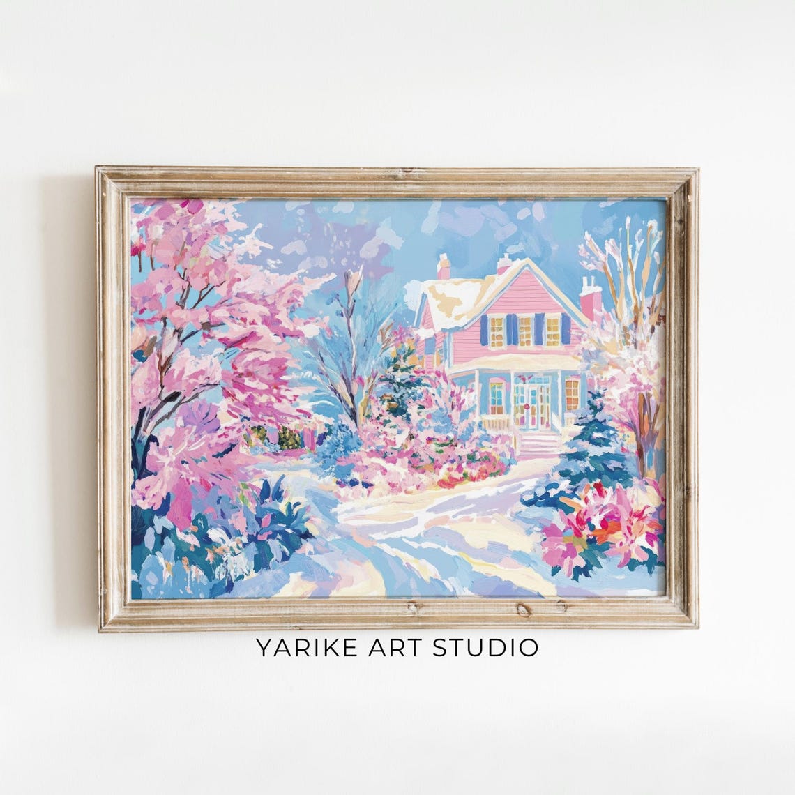 Pink Snowy House Landscape Painting Country Christmas Print Xmas Wall Art Christmas Girls Room Holiday Decor 860