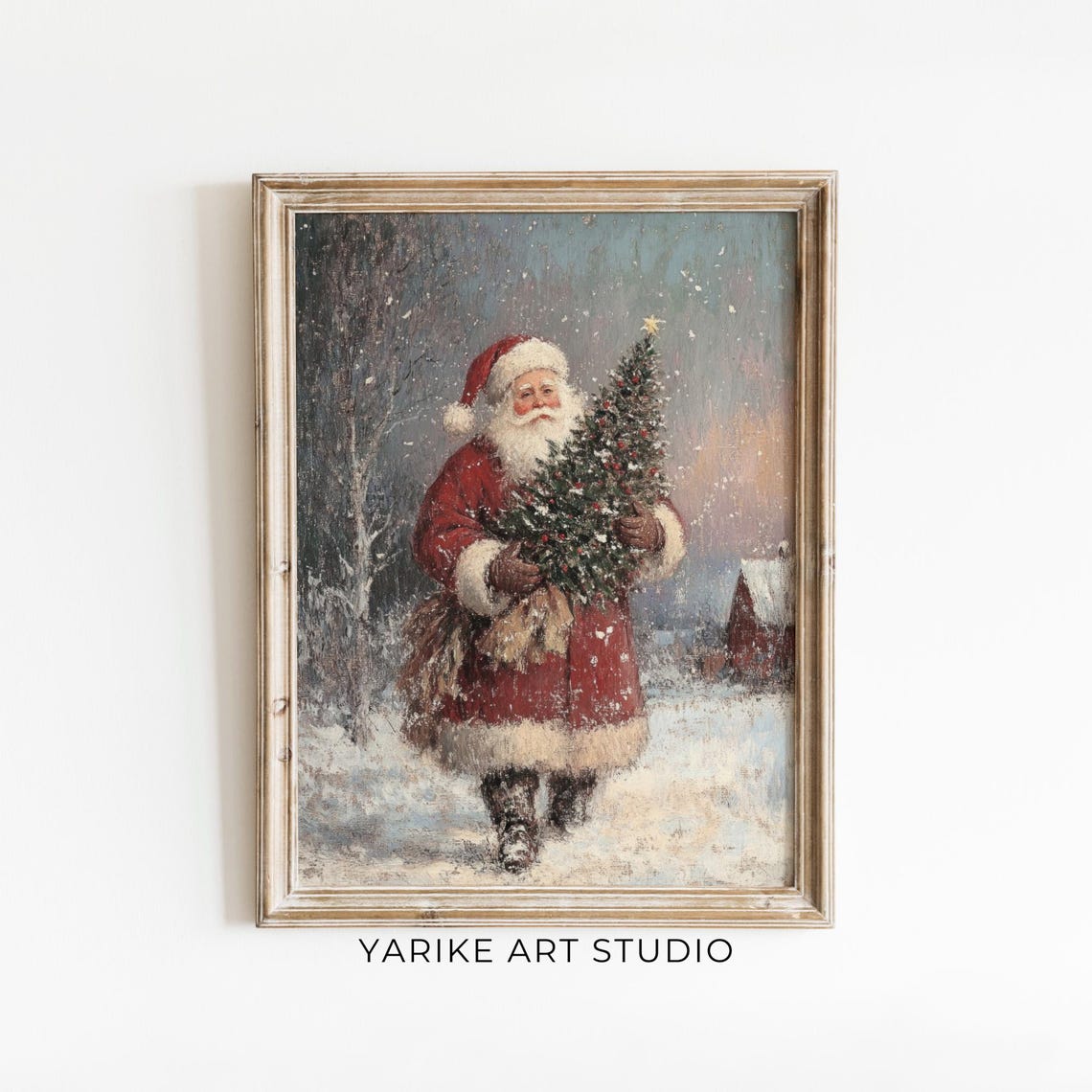 Vintage Santa Claus Carrying Christmas Tree in Snowfall Poster