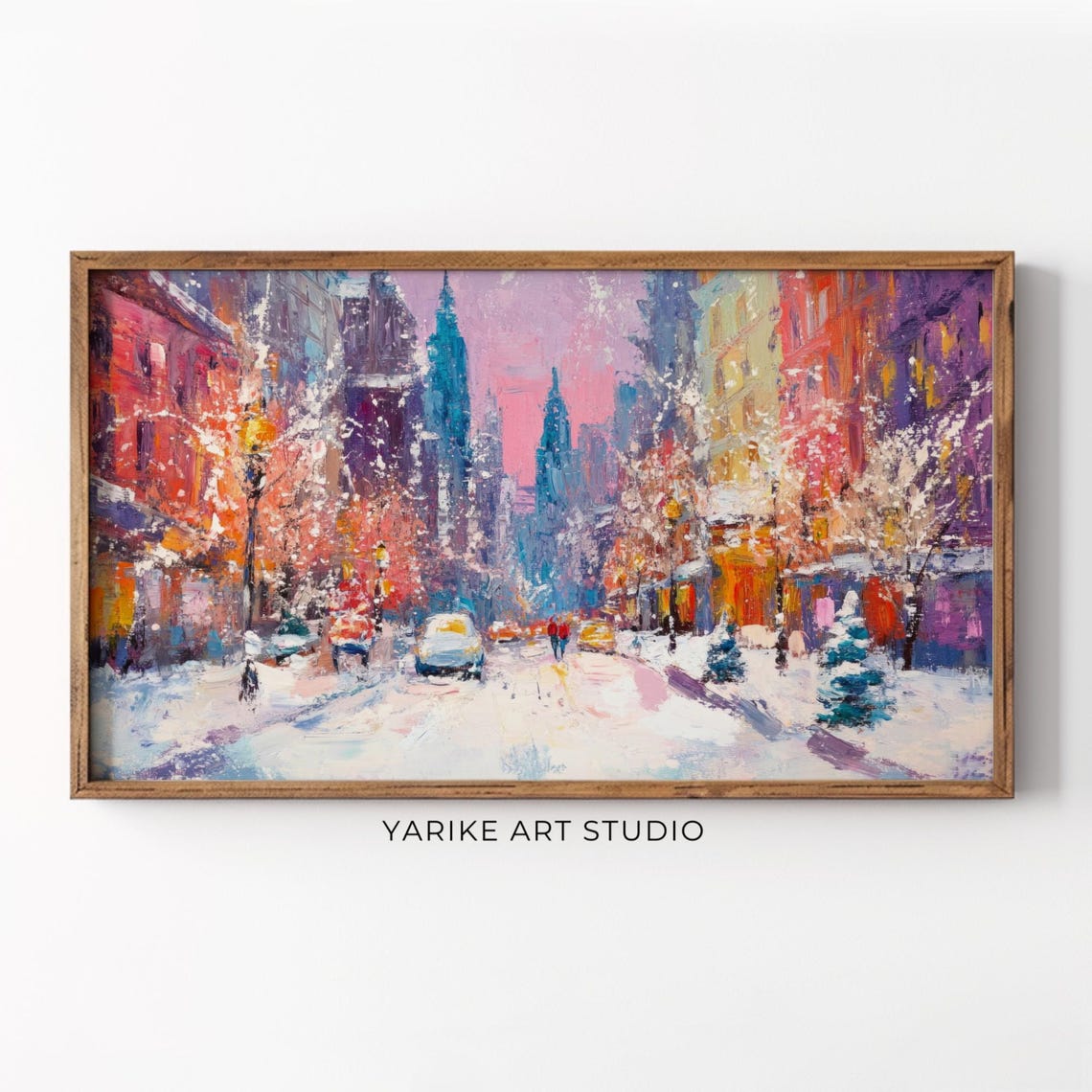 Snowy City Street Winter Night Colorful Impressionist Poster
