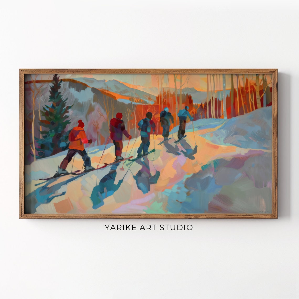 Five Skiers Racing Downhill at Sunset Colorful Modern Art Poster