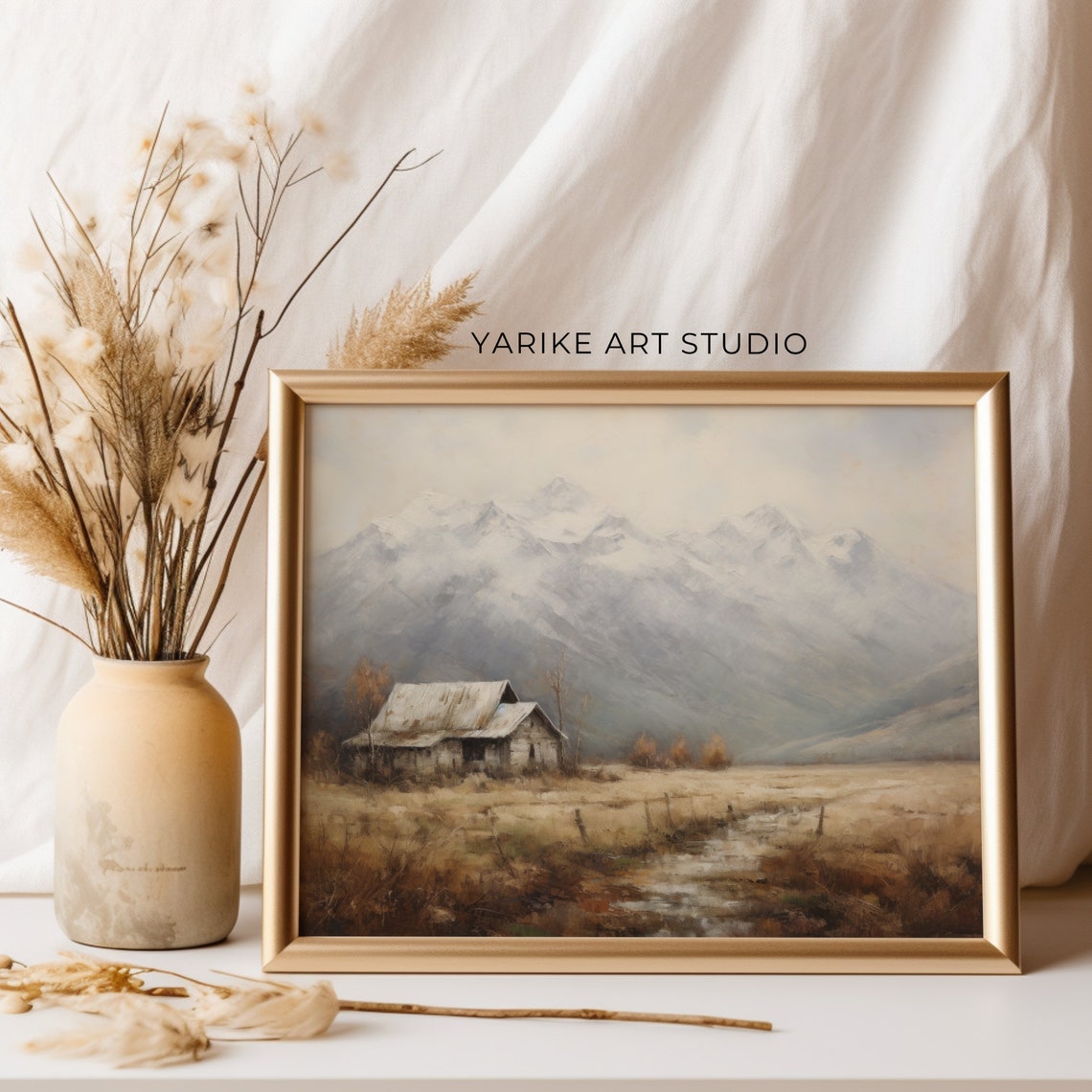 Old Barn Golden Field Misty Mountains Rustic Country Art Poster - Image 4
