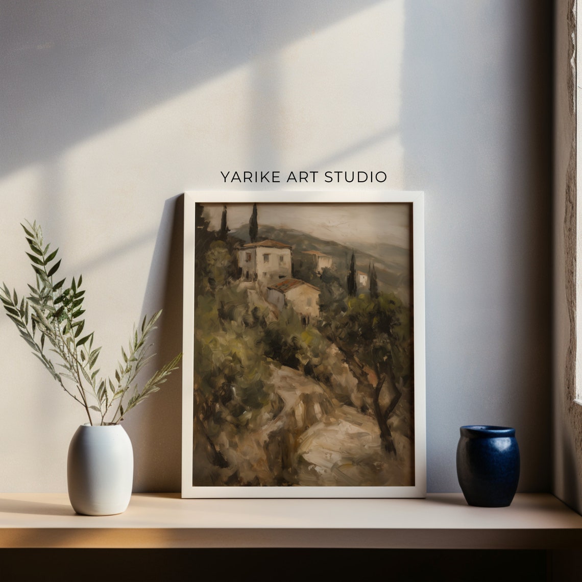 Mediterranean Villa Cypress Hillside Old Village Painting Poster - Image 3