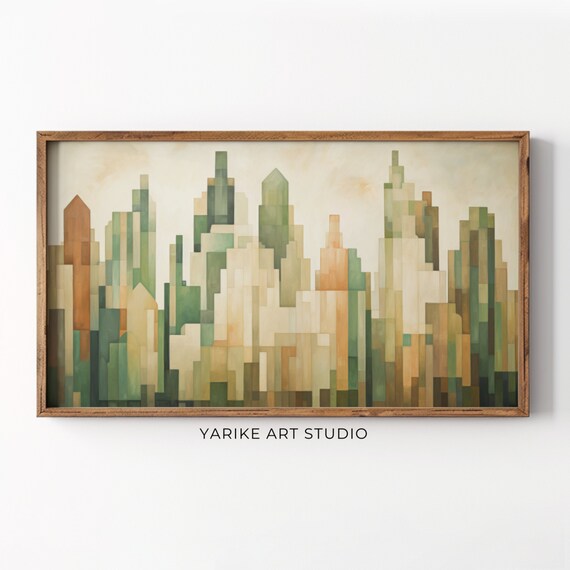 Abstract City Frame Tv Art Frame Tv Art Geometric Minimalist Modern Oil Painting Green Earthy Rustic Contemporary Tv Art 126 Tv