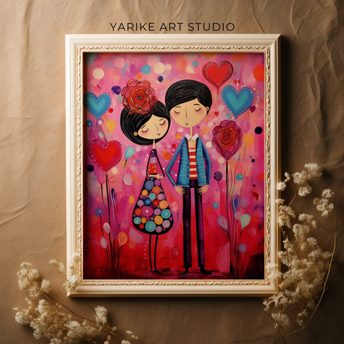 Cartoon Folk Art Couple In Love Hearts Romantic Valentine Poster - Image 4