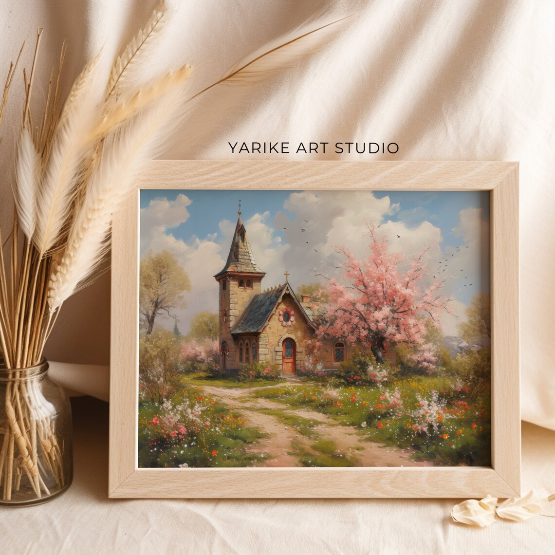 Stone Church with Pink Blossom Trees and Wildflower Garden in Spring Poster - Image 2