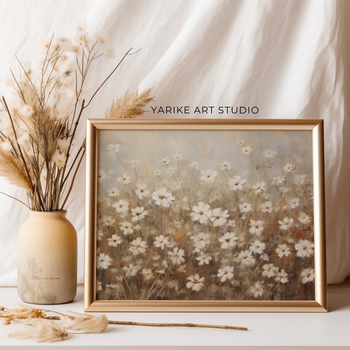 White Cosmos Daisy Field In Soft Neutral Vintage Tones Poster - Image 3