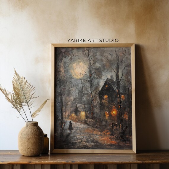 Haunted Moonlit Path to Old House Spooky Night Painting Poster