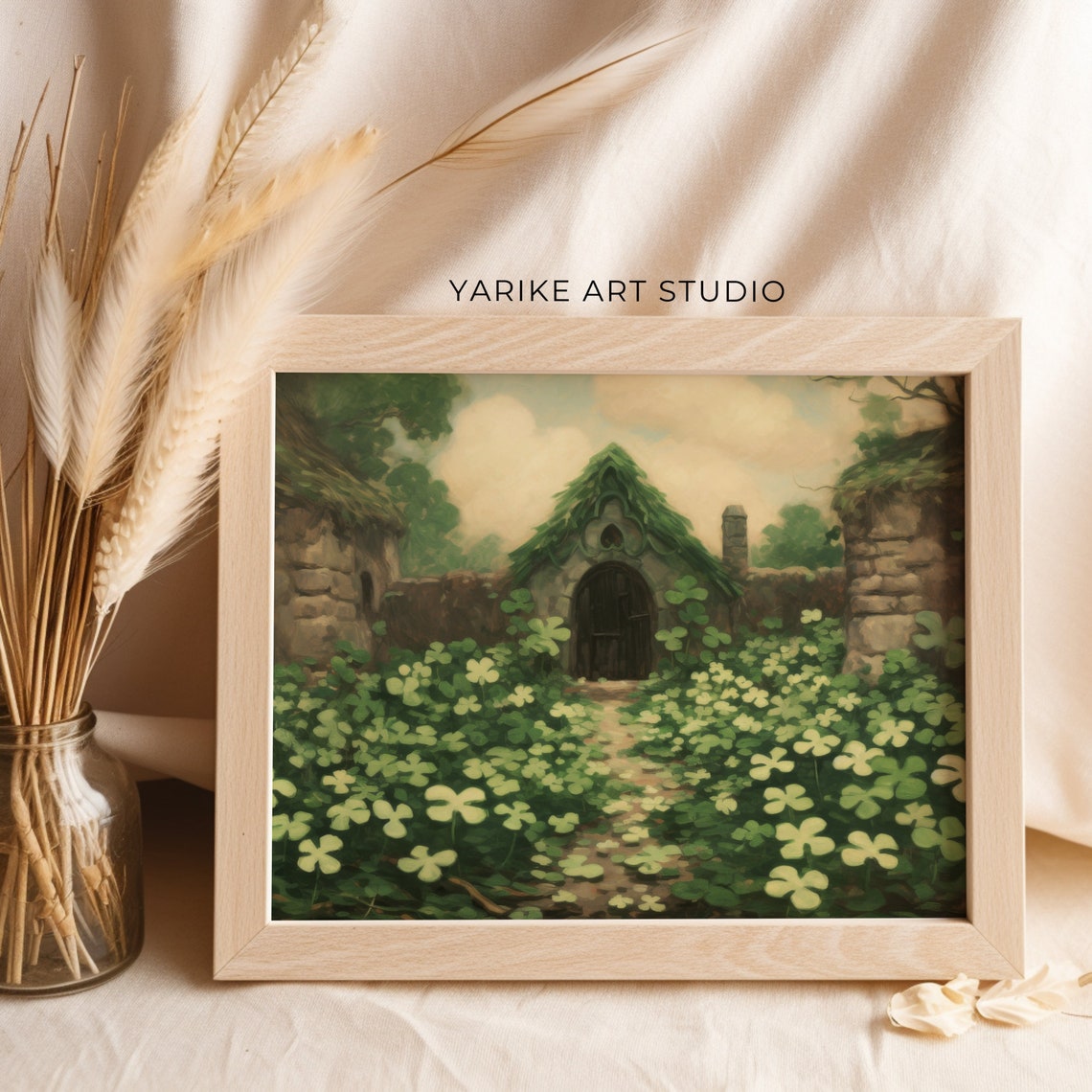 Irish Stone Cottage With Grass Roof In Clover Field Landscape Poster - Image 2