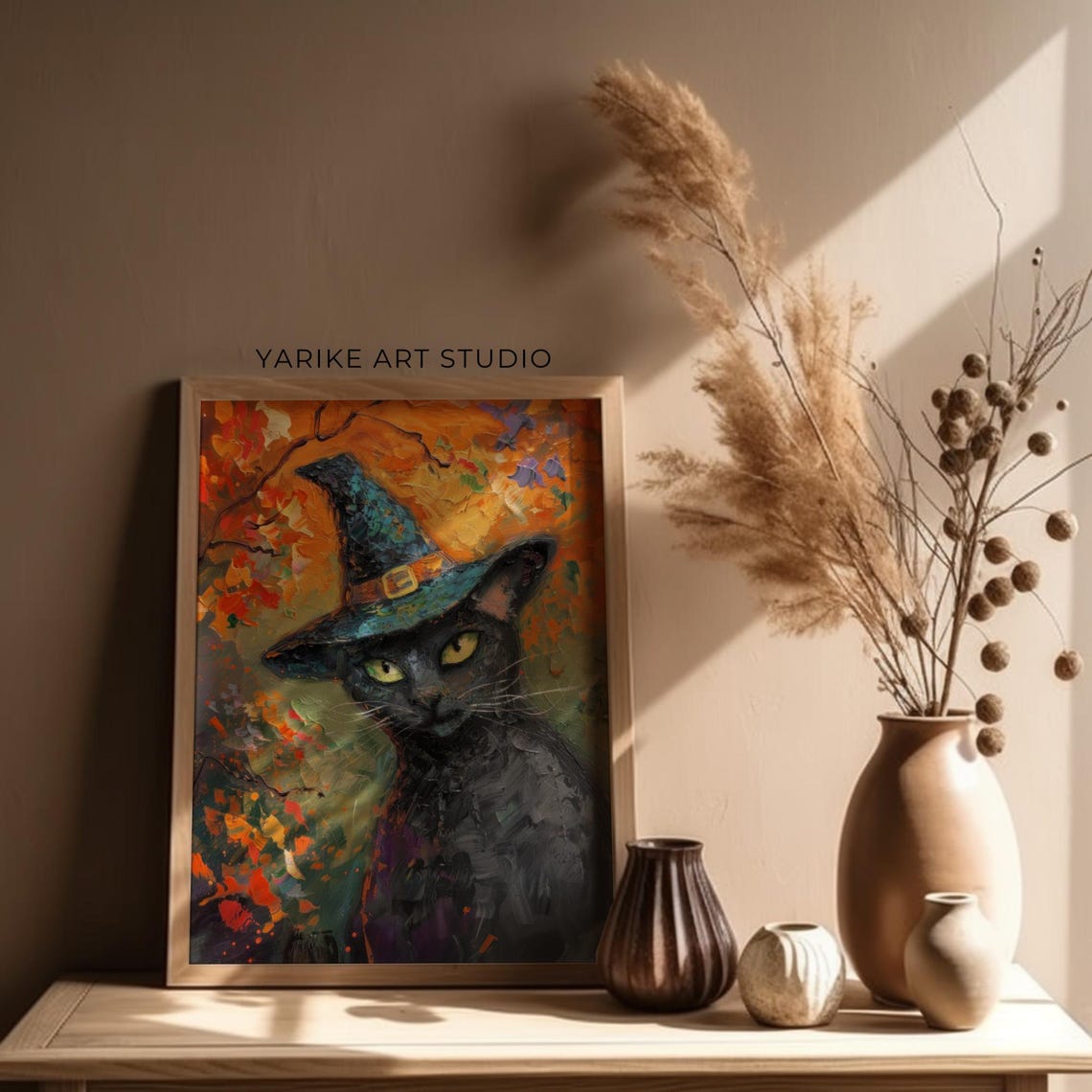 Black Cat Wearing Witch Hat Autumn Halloween Portrait Poster - Image 4