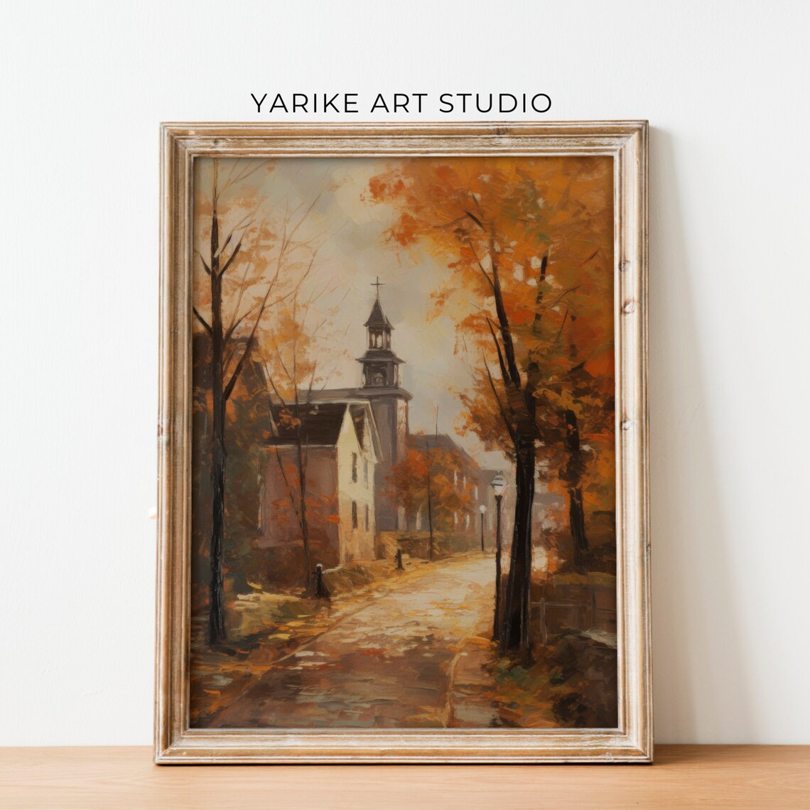 Vintage Autumn Town Street With Church Steeple Golden Trees Poster - Image 6