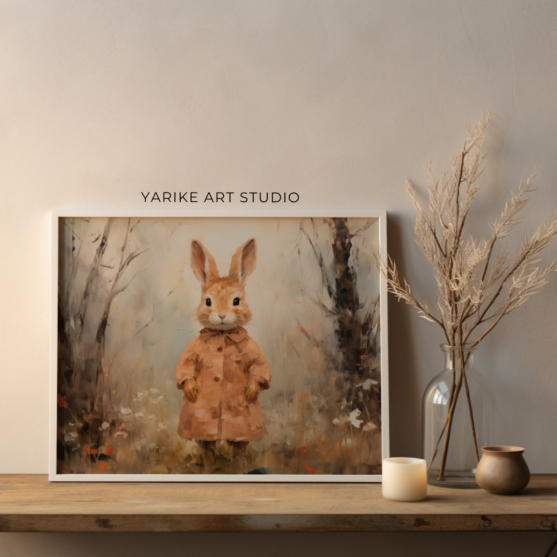 Charming Bunny Wearing a Coat Cottagecore Portrait Painting Poster - Image 2