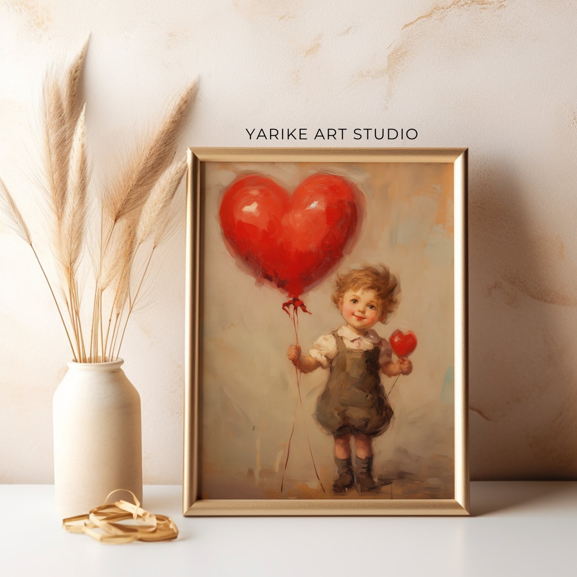 Boy Portrait Painting Red Heart Balloon Wall Art Moody Valentines Day Print Antique Love Angel Vintage Valentines Day Poster 264 Ai