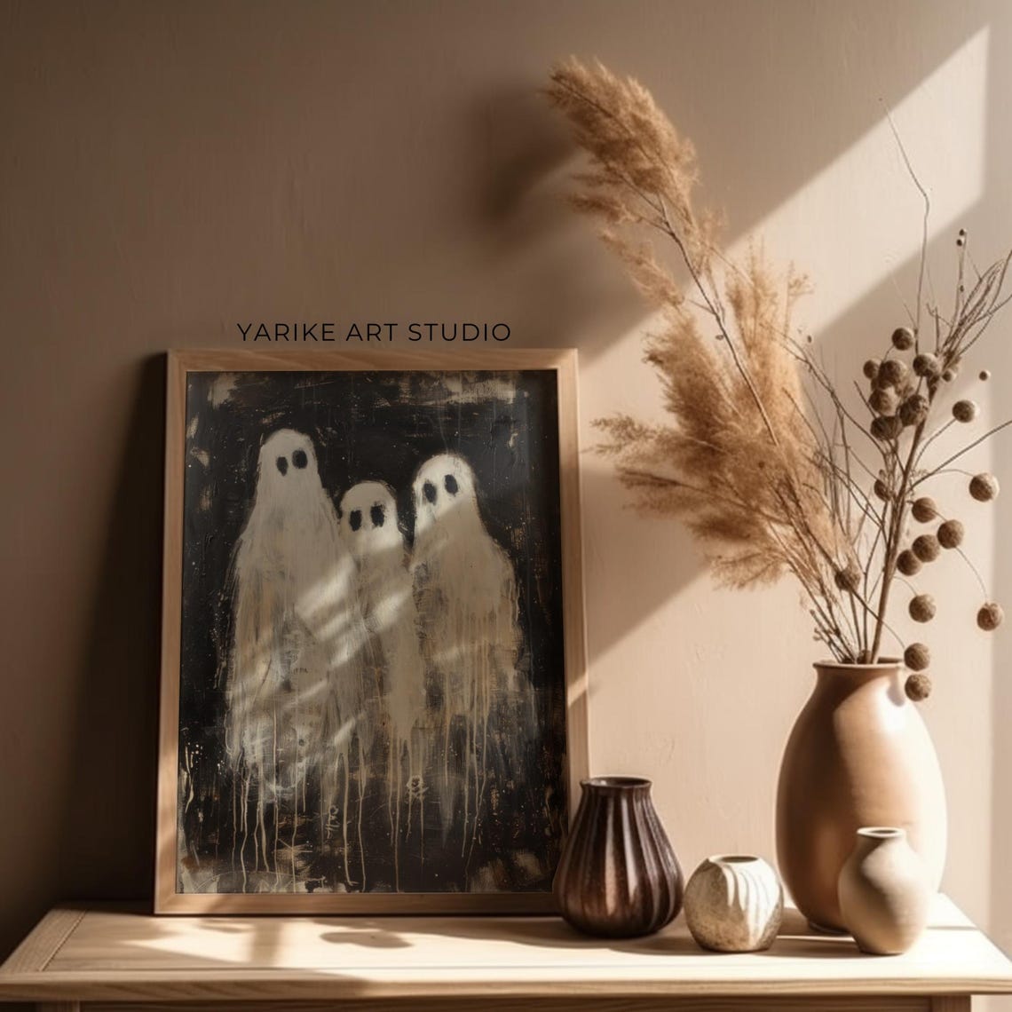 Three White Ghosts On Black Cute Vintage Spooky Halloween Poster - Image 3