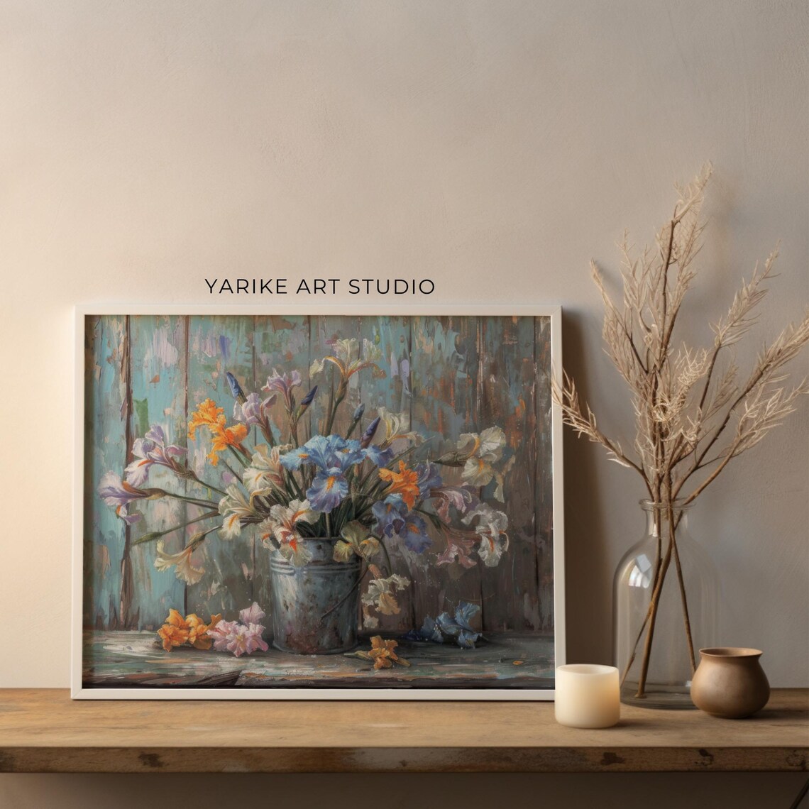 Blue Iris Bouquet Tin Pail Rustic Floral Still Life Painting Poster - Image 4